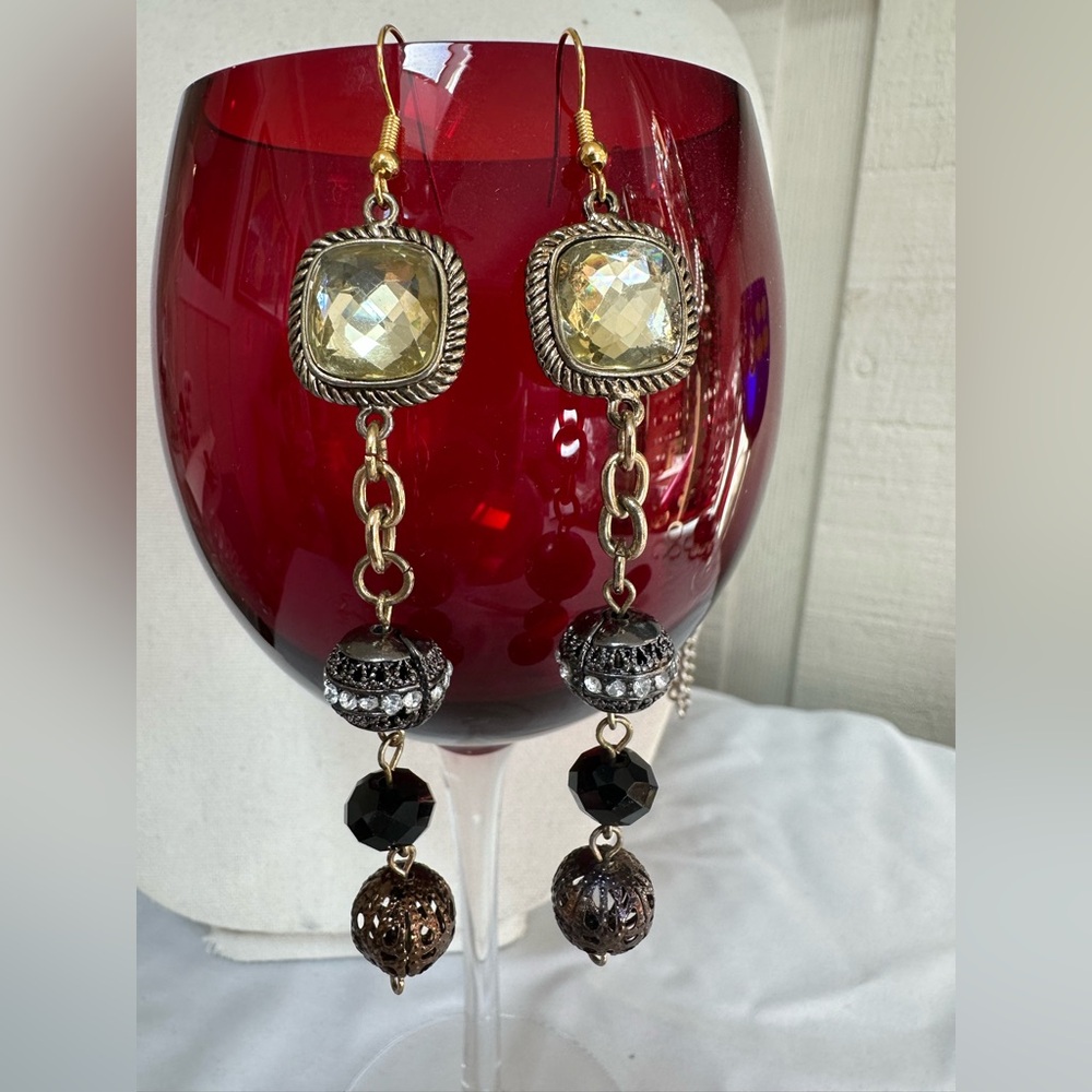 Long neutral tone dangle bead earrings